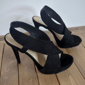 Diane Von Furstenberg Black Suede Open Toe Strappy Sling Back Heels